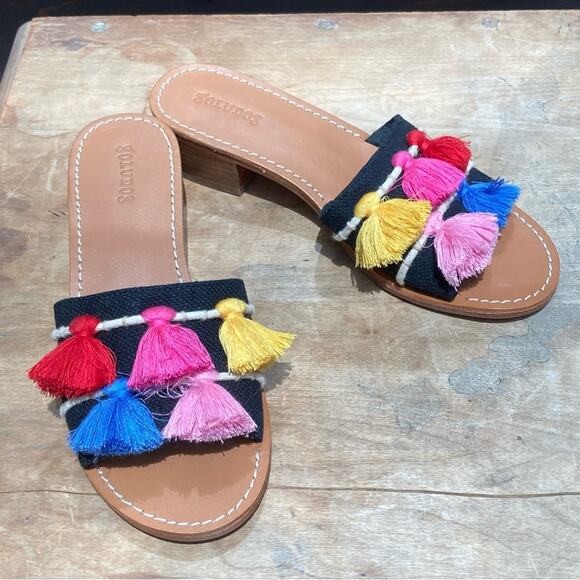 Soludos slides Sandals Size 6.5 Embroidered Colorful Tassel  Boho Mexican Oaxaca - Picture 1 of 8
